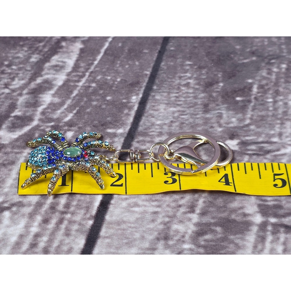 Spider Keychain Gold Tone Blue Rhinestones Jeweled Bug Purse Charm Bling - Picture 9 of 10